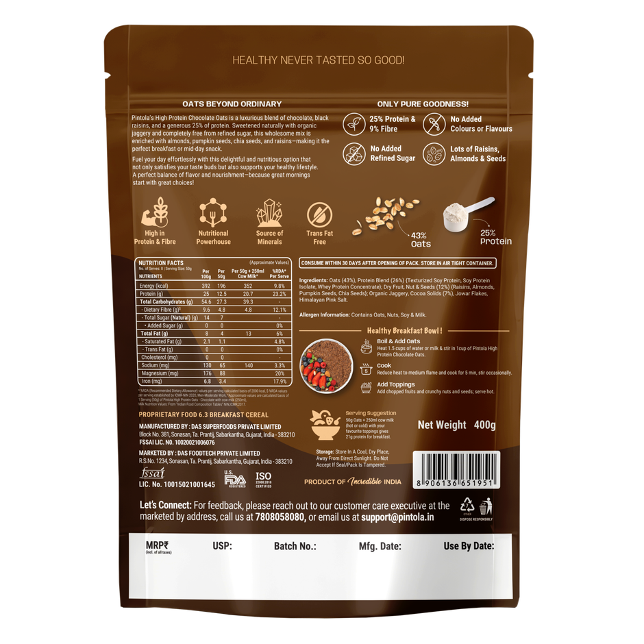 Pintola High Protein Oats Dark Chocolate With Almonds Raisin Pumpkin And Chia Seeds Combo 