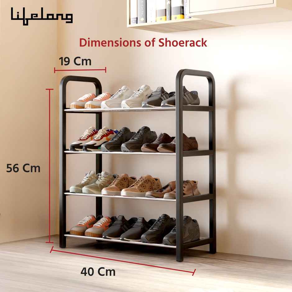 Lifelong Shoe Rack for Home | 4-Tier | Ideal for 12 Shoe Pairs | Space Saving | Chrome Finish