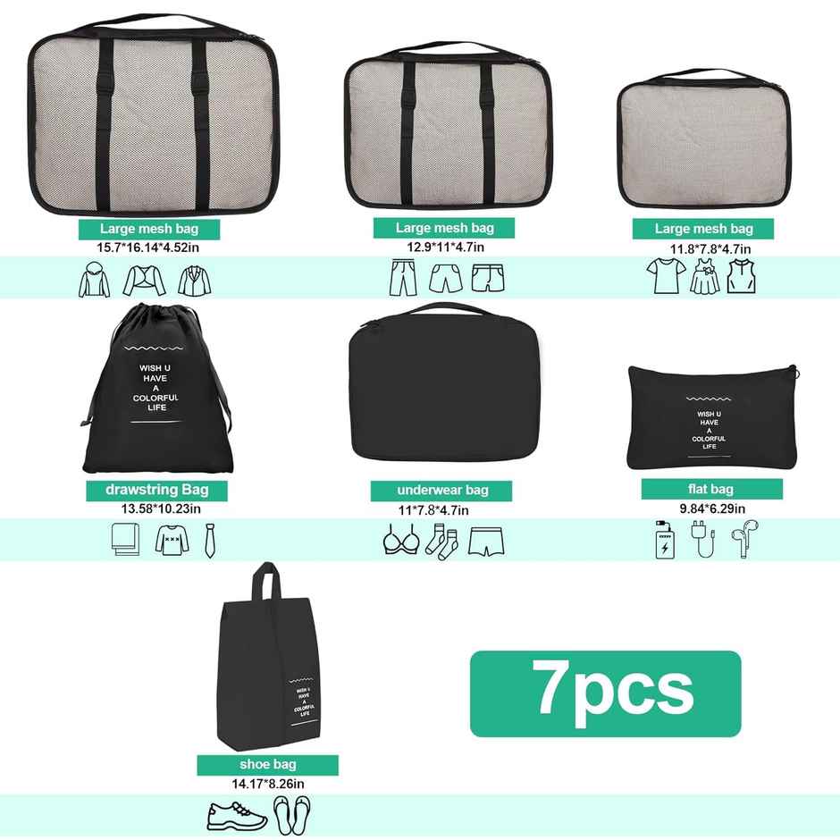 Lazer Polyester Travel Organizer Bag 3 Packing Cubes + 3 Pouches + 1 Toiletry Organizer Bag | Black