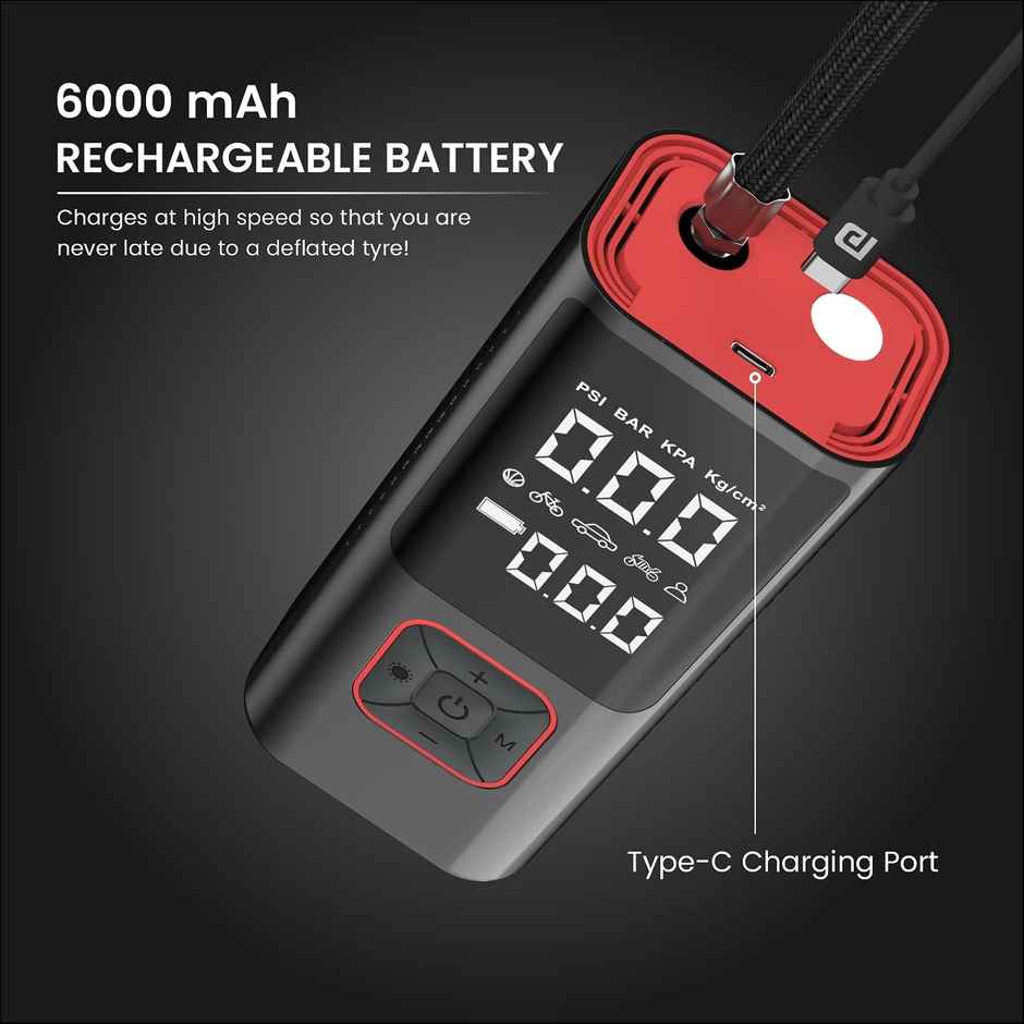 Portronics Vayu 2.0 Rechargeable Tyre Inflator with 150 PSI Pressure, 6000 mAh Battery, (Black)