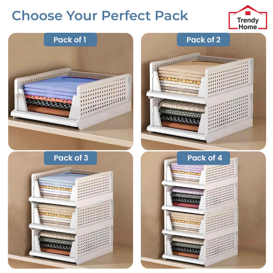 Senego by Trendy Home Folding Wardrobe Clothes Organizer - Pack of 4, Stackable (White)