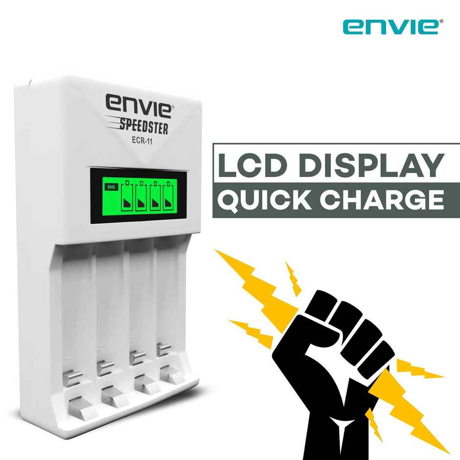 Envie (ECR-011) Speedster Fast Charger for AA & AAA Rechargeable Batteries with LCD Display Indicator & Auto Cut Charging - Charges 4 Batteries at a Time