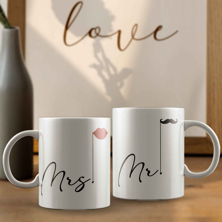 Mrs and Mr Ceramic Tea Coffee Mug Set | Cute Couple Mugs Valentine Gift | EcraftIndia