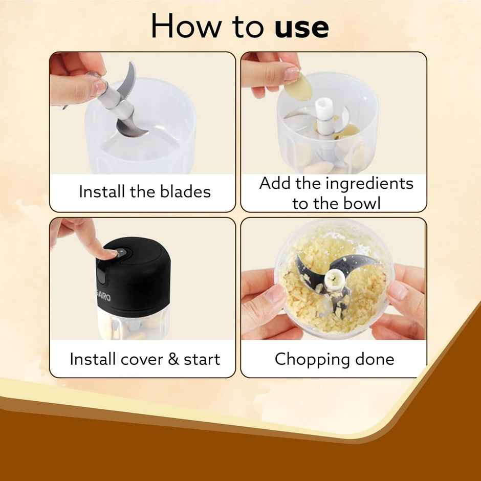 AGARO Elite Rechargeable Mini Electric Chopper, 250 Ml, Stainless Steel Blades, One Touch Operation,for Mincing Garlic,Ginger, Onion,Vegetable,Meat,Nuts - Black