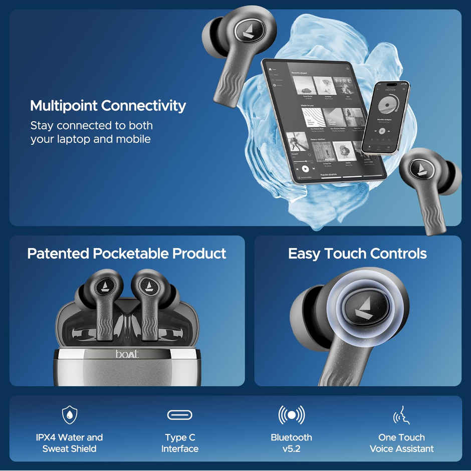 boAt Nirvana Ion ANC TWS Earbuds with mic, 120HRS Battery, Crystal Bionic Sound w/Dual EQ Modes, 4Mics ENx, App Support, Low Latency, IPX4, v.5.2 Bluetooth Earbuds - Crystal Black