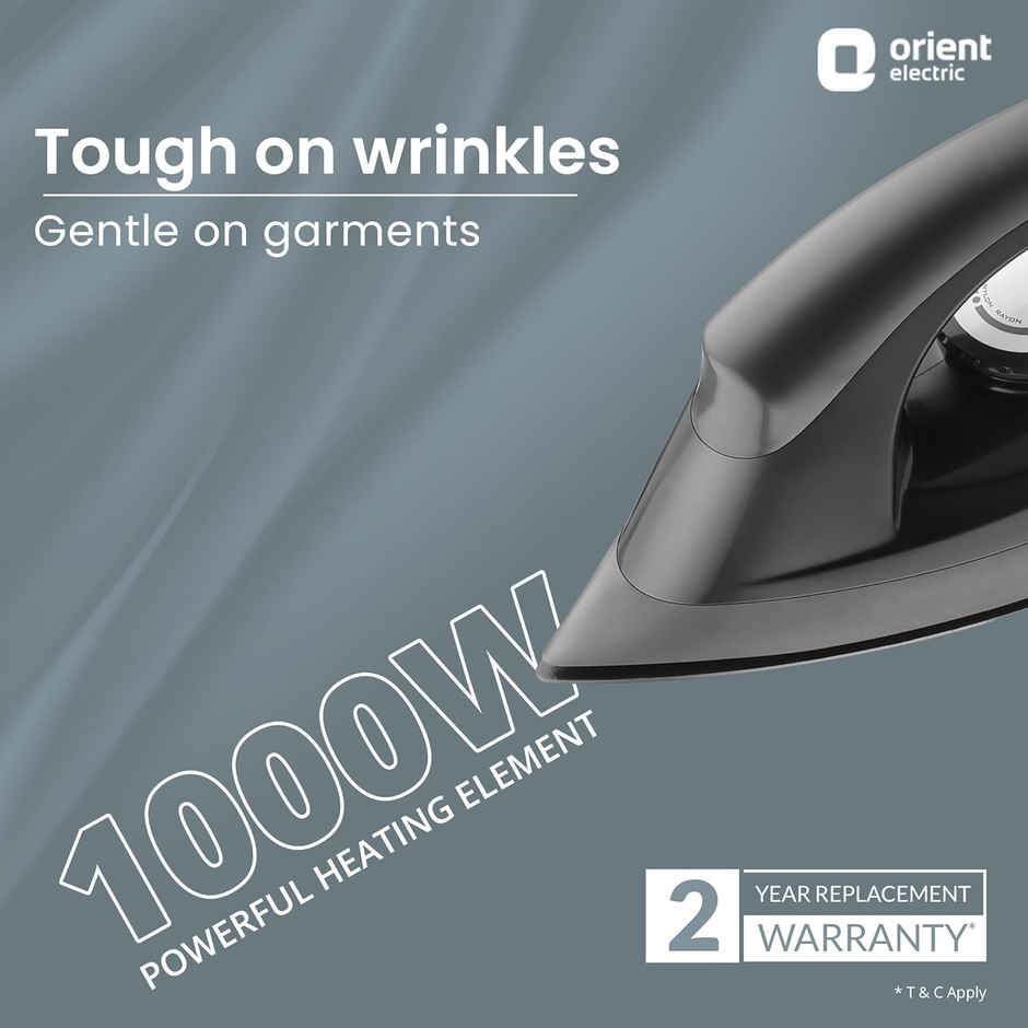 Orient Electric DIFG10GP Fabriglide 1000 W Dry Iron | German-made Weilburger coating on the soleplate| Silver Layered Thermostat for Better Heat Conductivity - Black & Grey