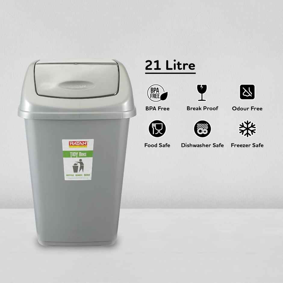 Ratan Plasticware Tidy Bin With Swing Lid 21 Litres Plastic Dustbin - Grey Color