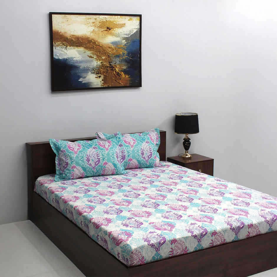 Bombay Dyeing Ivyrose 110 Tc 100% Cotton Olive Purple Queen Bedsheet With 2 Pillow Covers