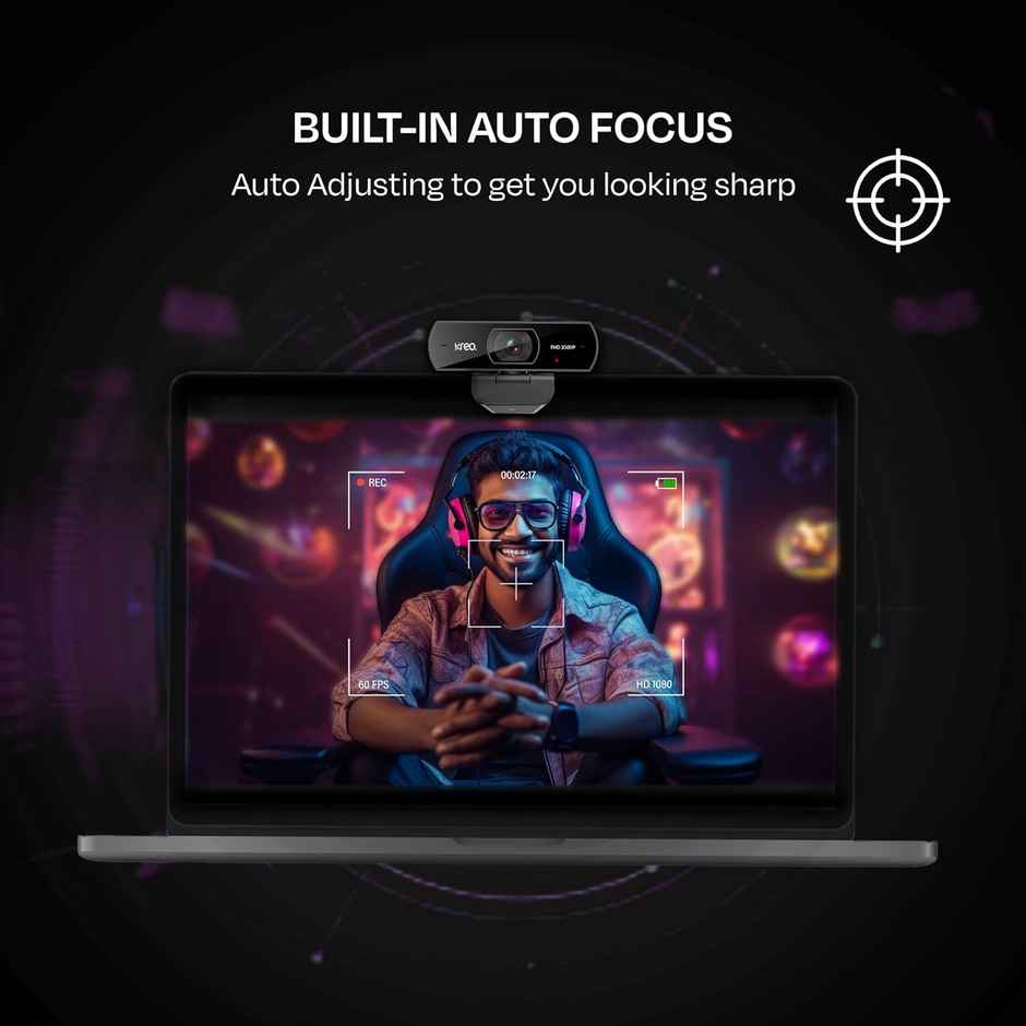 Kreo Owl Full HD Webcam with 1080P 60 FPS, Auto-Focus and Built-in Dual Digital Mic, Plug and Play Setup for Video Call, Streaming, YouTube and More (Black, Owl)