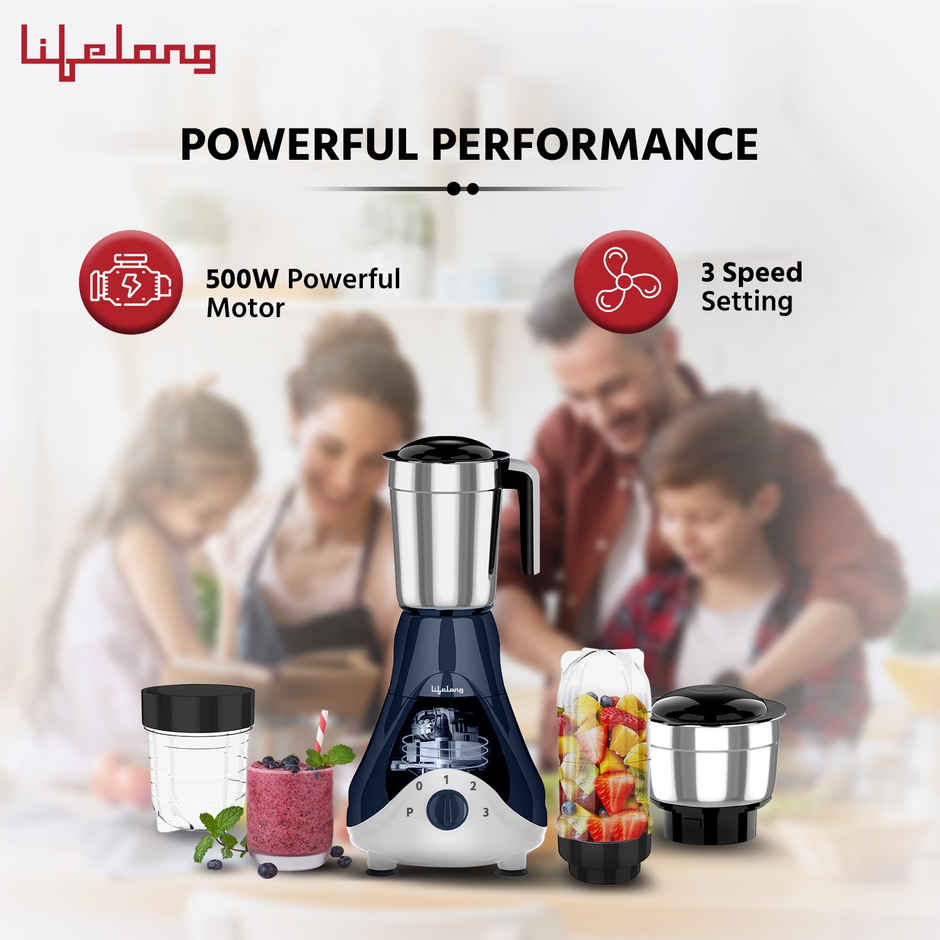 Lifelong Mixer Grinder | 500 W | 4 Jars - 2 Stainless Steel Jars and 2 Nutri bullet Jars for Smoothie & Blending - Blue