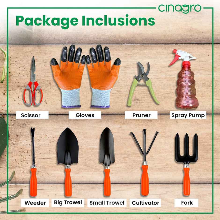 Cinagro Garden Tools- 9 Pcs, Weeder, 2 Trowels, Hand Fork, Cultivator, Scissor, Pruner,Glove, Spray