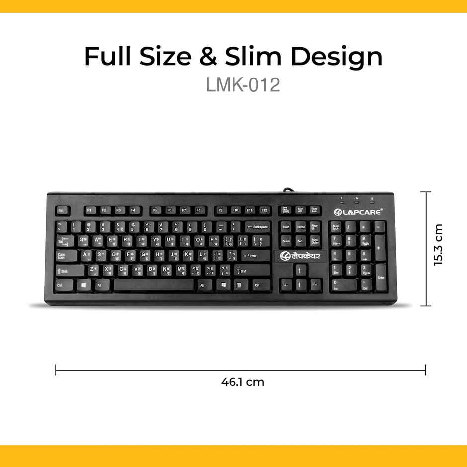 Lapcare LMK-012 Multilingual USB Keyboard,Hindi English Typing, 104 Silent Keys, 10 Million Keystrokes, 1.5M Cable, Rupee Key, Membrane Switch - for Business & Office Use - Black