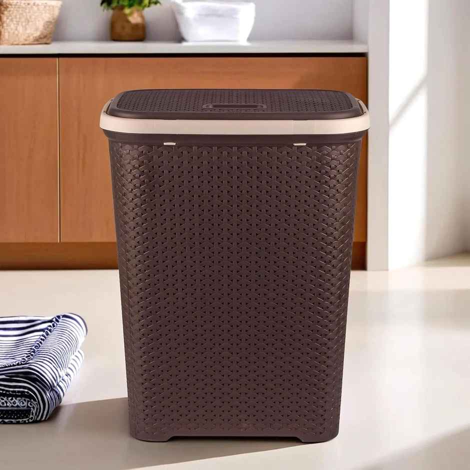 Kuber Industries Plastic Laundry Basket with Lid For Bathroom|ELEGANCE|Brown