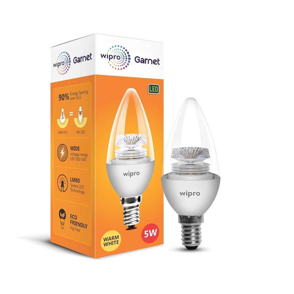Wipro Garnet 5W LED Candle Bulb | E14 Base | Warm White(2700 K)