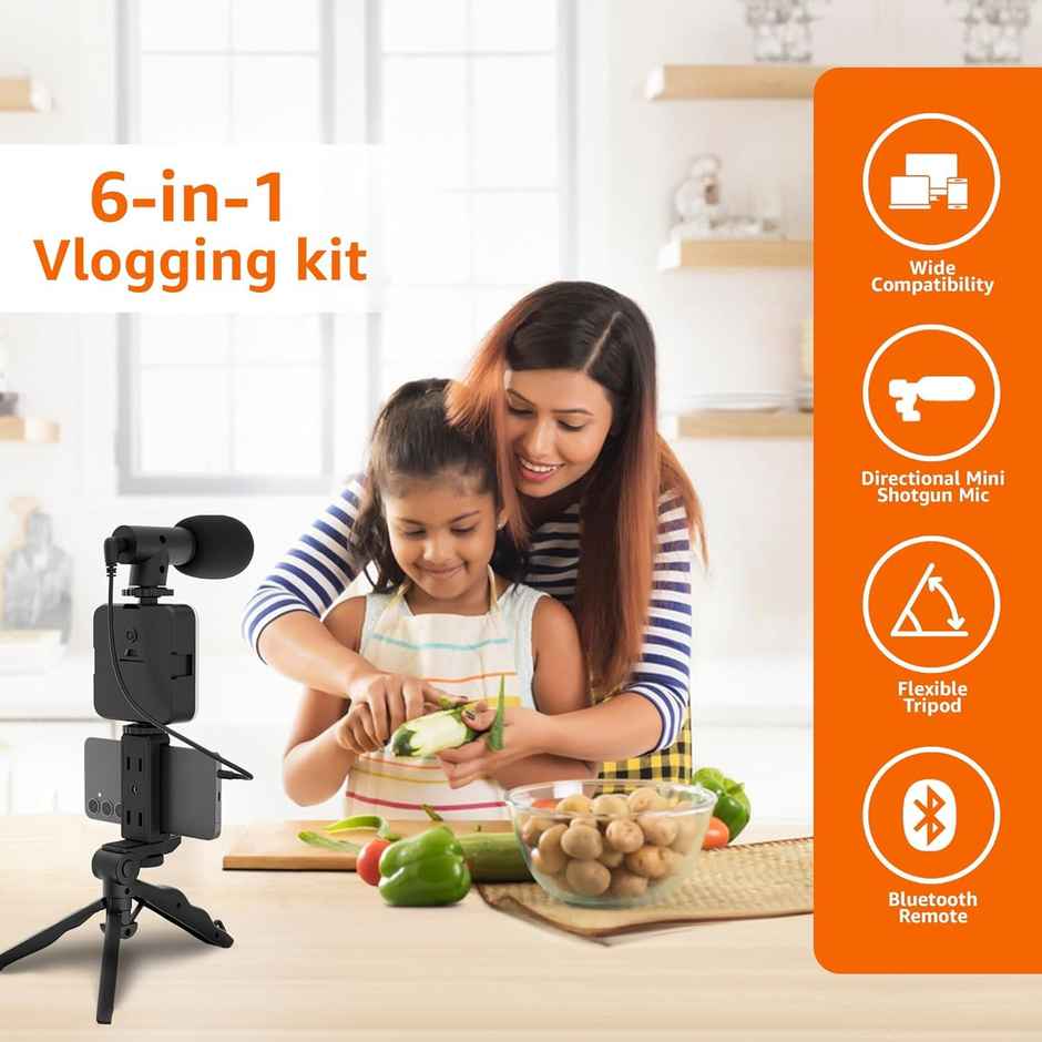 Hashwow 6-In-1Vlogging Kit With Tripod,Led Video Light,Cardioid Microphone,Bluetooth Remote & Cable ( Tripod: 16.9 x 7.9 x 3.4 cm Phone Clip: 5.98 - 9.3 cm TRS Cable - 3.5 mm )