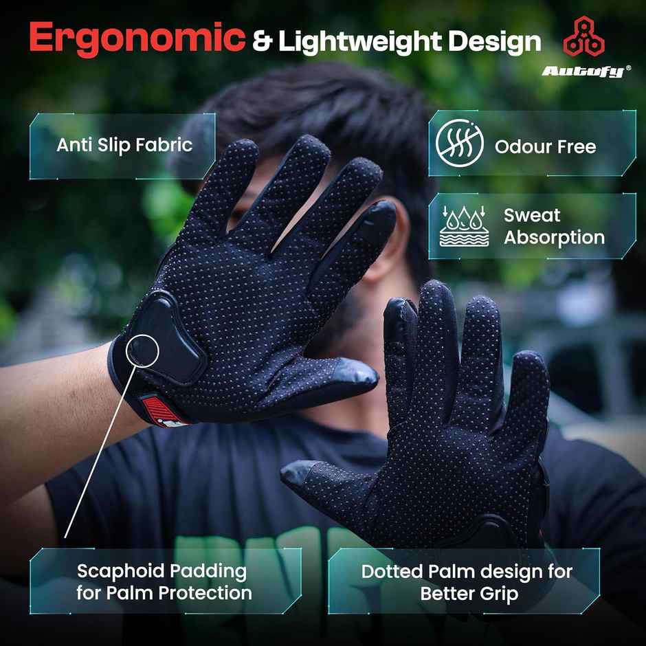 Autofy FANTOM Bike Gloves - TPR Knuckle Protect, Touchscreen & Palm Padding (Black & Red, Size L)
