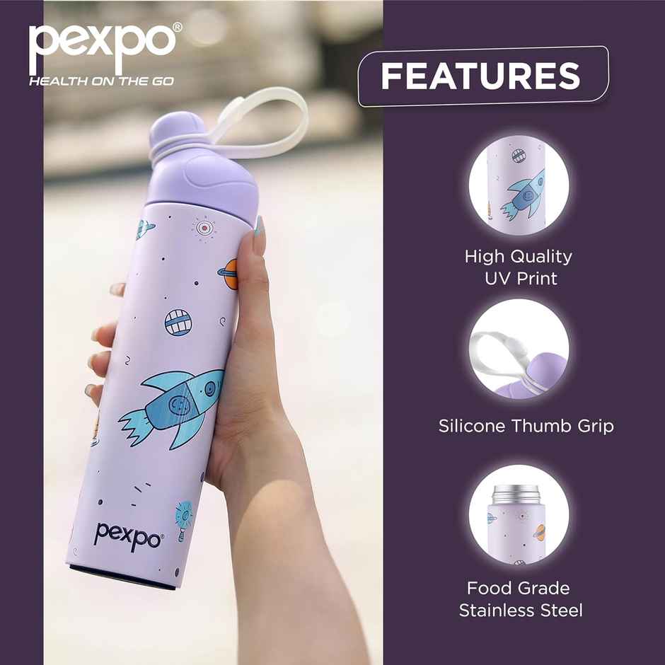 Pexpo Pico Cute Sipper | 500 ml | Hot & Cold Steel Bottle | Rocket Uv Printed Design
