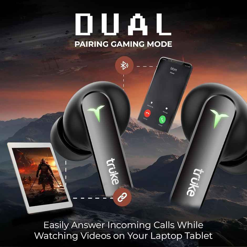 truke BTG Flex Truly Wireless Bluetooth Earbuds with Dual Pairing, 60H Battery- SunsetBlack