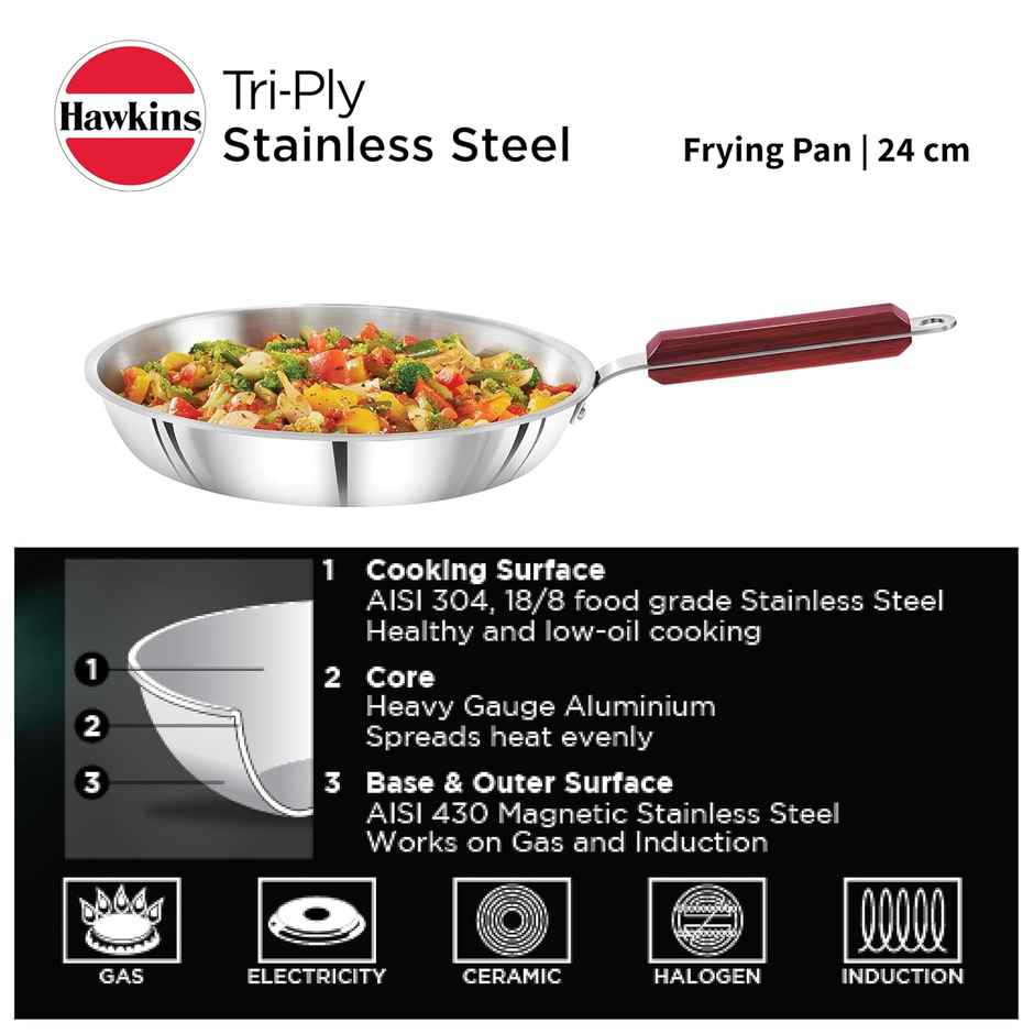 Hawkins 24 Cm Frying Pan, Triply Stainless Steel Fry Pan, Induction Frying Pan, Silver (Ssf24)