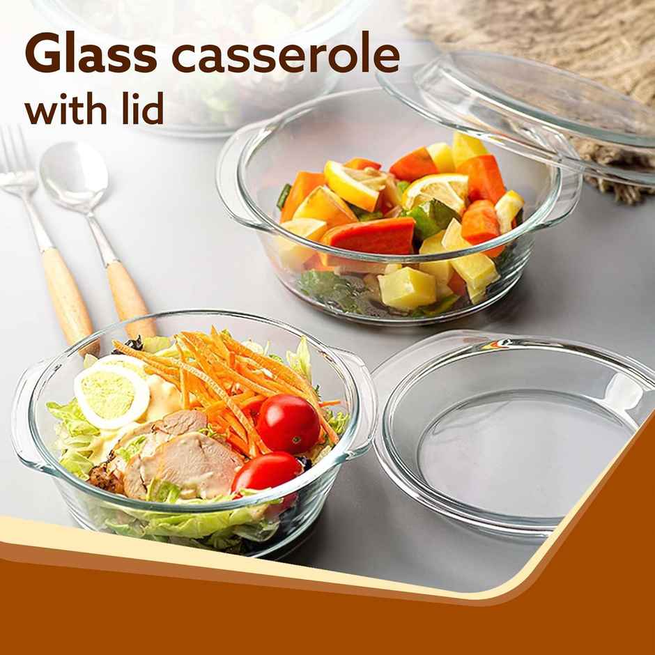 Agaro Elite Glass Casseroles With Lid, Set of 2, Borosilicate Glass,Serving Bowl, 700ml & 1000 ml