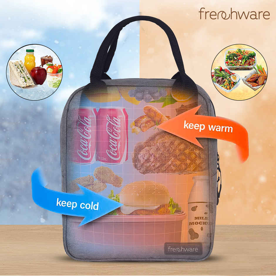 Frenchware Insulated Nylon Lunch Bag, Office Tiffin Bag | 7 L, 15 kg capacity - Grey