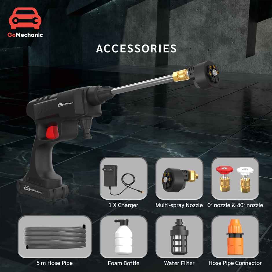 Gomechanic Cordless Pressure Washer | Rechargeable With 5-In-1 Nozzle & 5M Hose Pipe