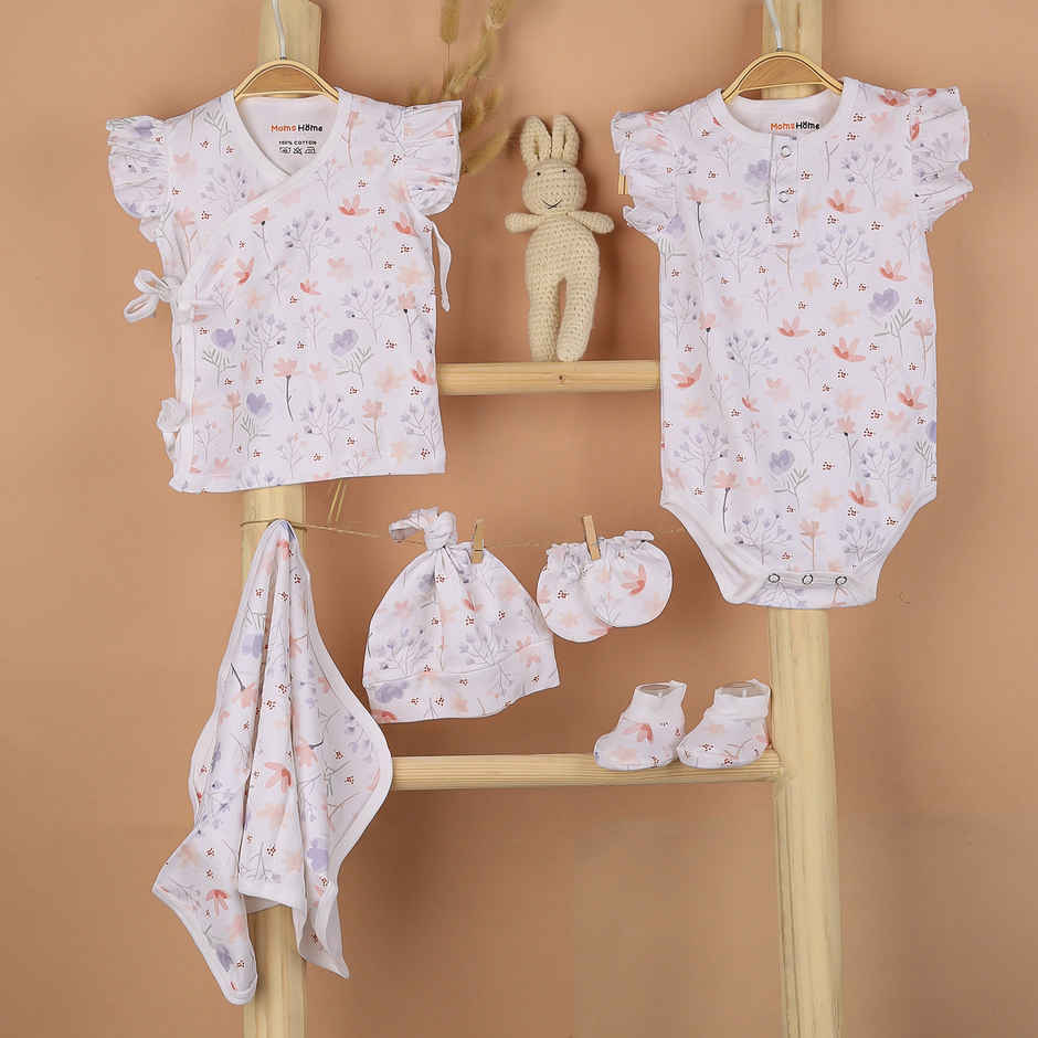 Moms Home Organic Cotton New Born Baby Girl Gift Set | 6 Items | Blossom