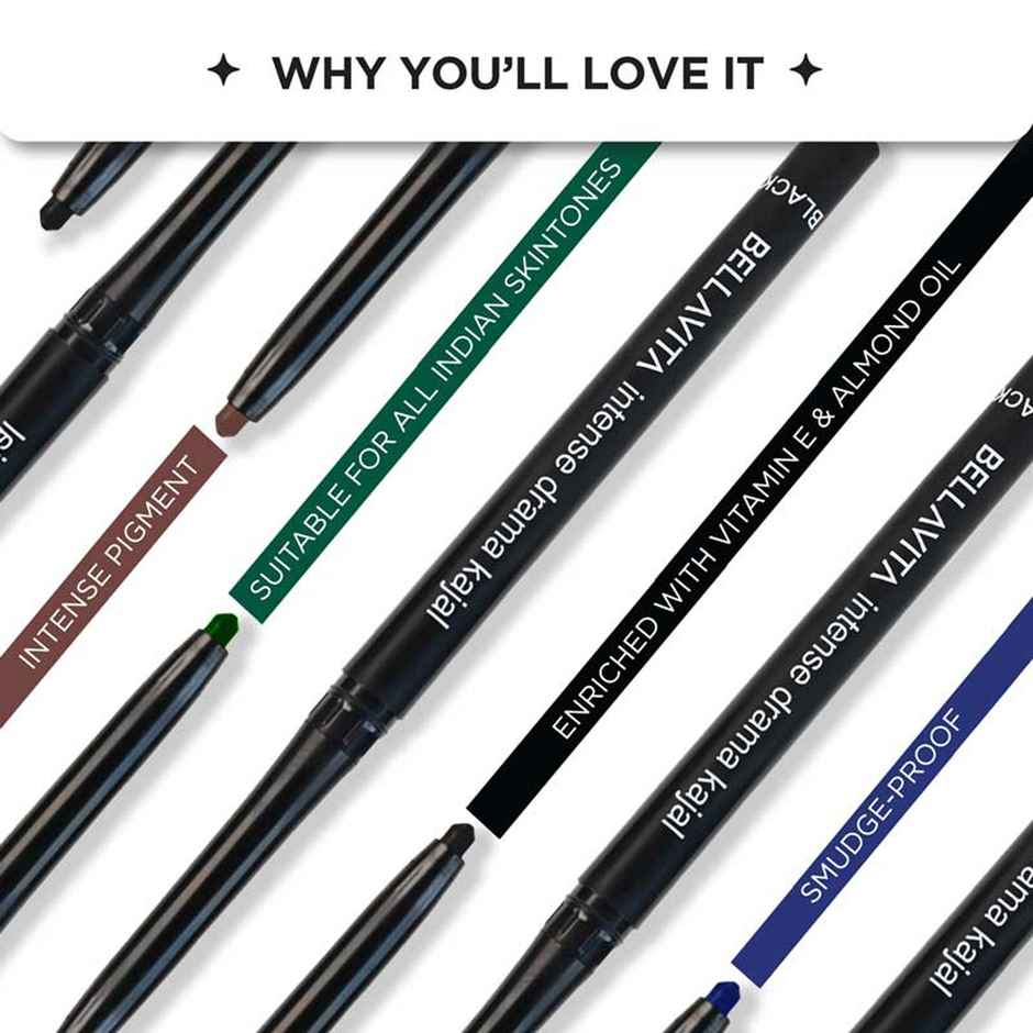 Bellavita Intense Drama Kajal Black Waterproof Smudge Proof, Long Lasting