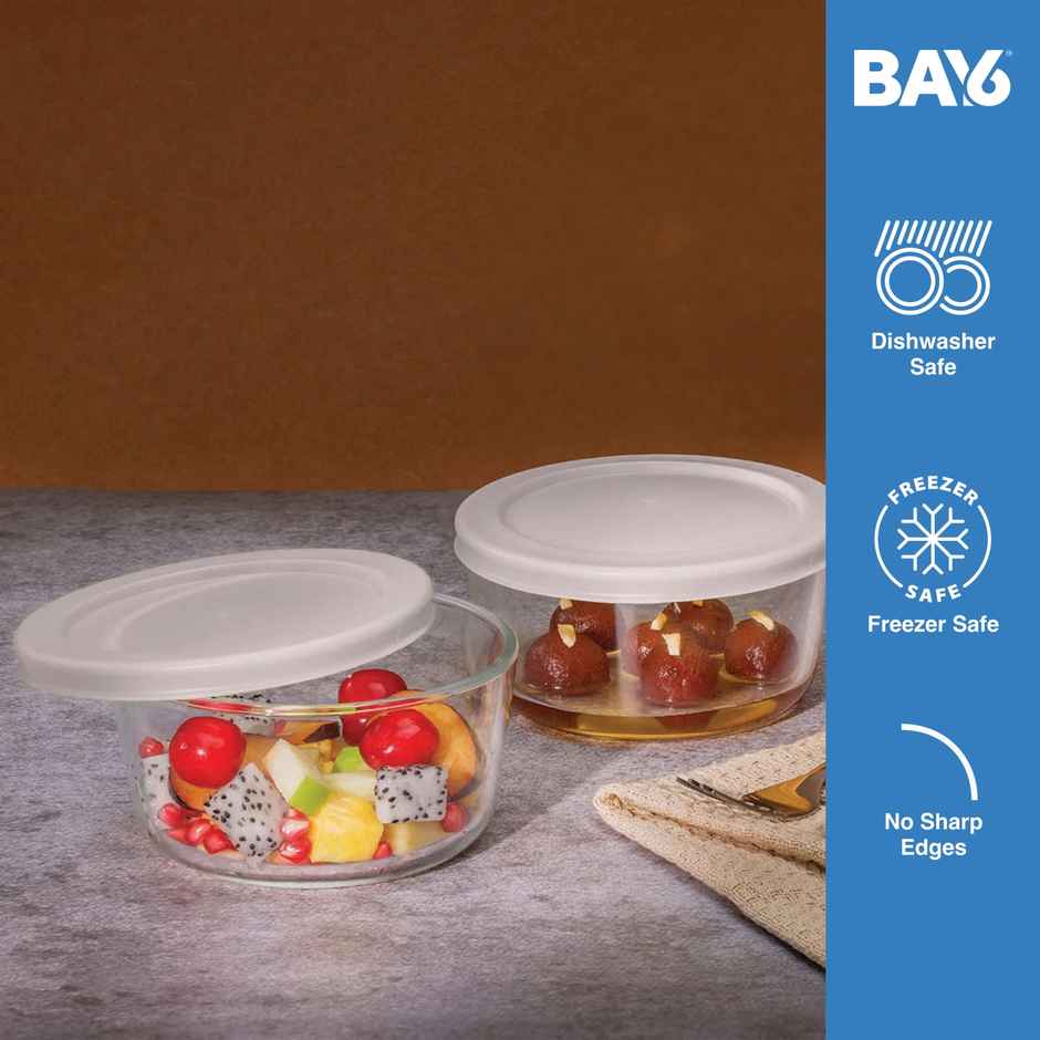 BAY6 Premium Imported Borosilicate Glass Container with Lid -472 ml - Round - Set of 2 - Beige