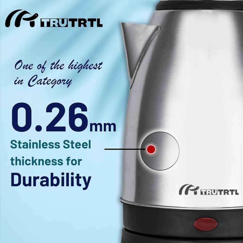 truTRTL 1500W Sizzle Electric Kettle for Boiling & Hot Water, 1.5 Litre, Inner Lid Stainless Steel, 0.26mm thick SS body, Auto cut off - Silver & Black