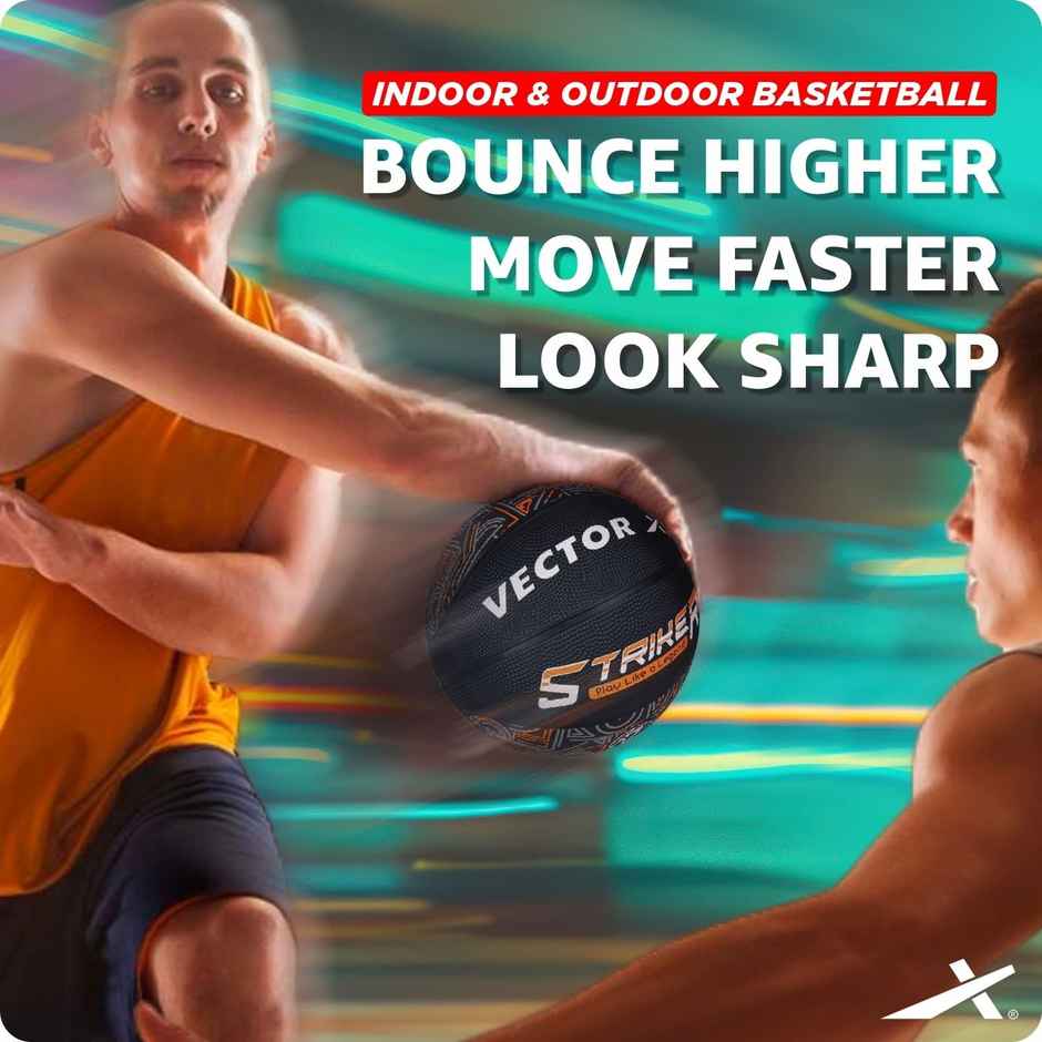 Vector X 8 Panel Striker Rubber Moulded BasketBall with Needle | Size - 7 | Black-Orange