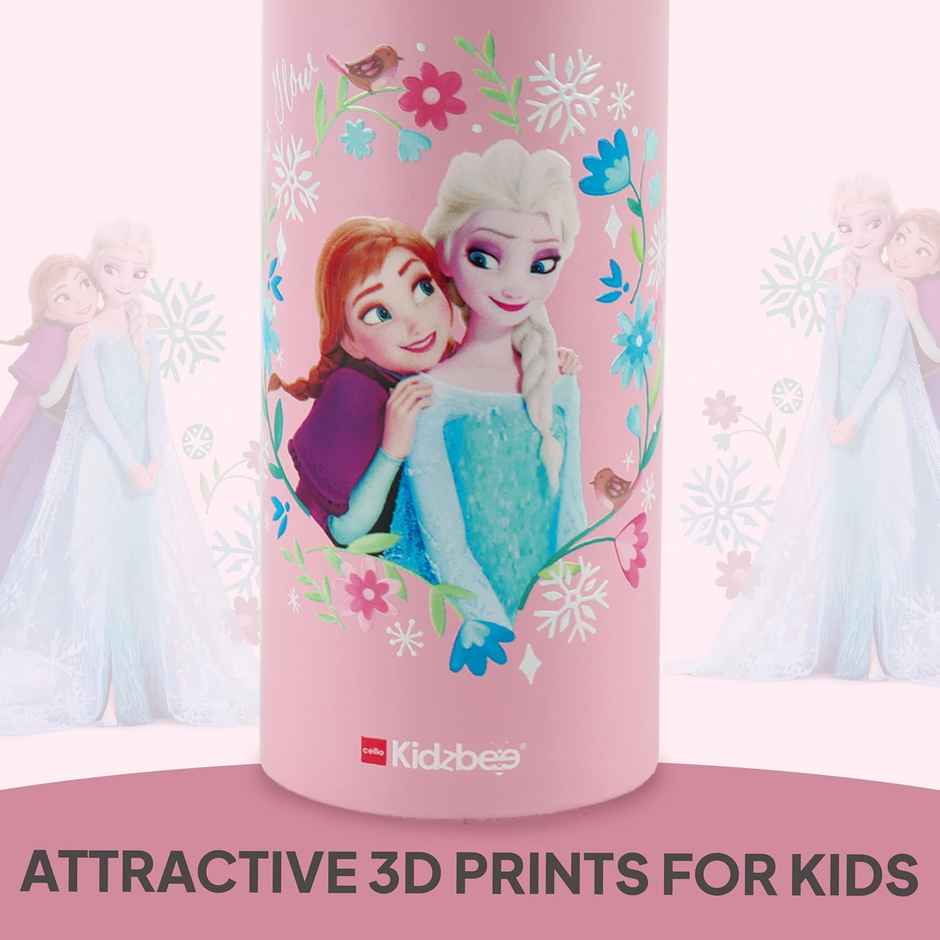 Cello Kidzbee Vortex 3D Anna & Elsa Print Stainless Steel Water Bottle 725 ml, Pink | ISI Certified