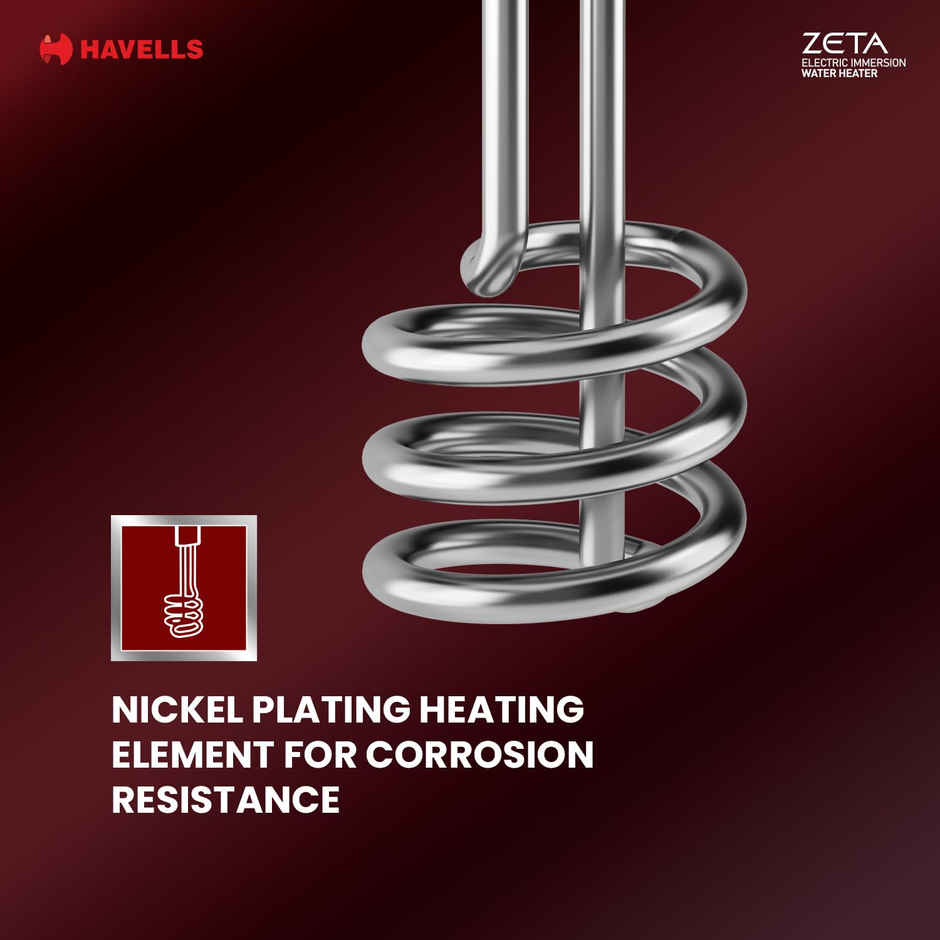 Havells Zeta 1000 watt Immersion Heater | ISI Mark Heavy Duty 3 Pin Moulded Plug | Grey