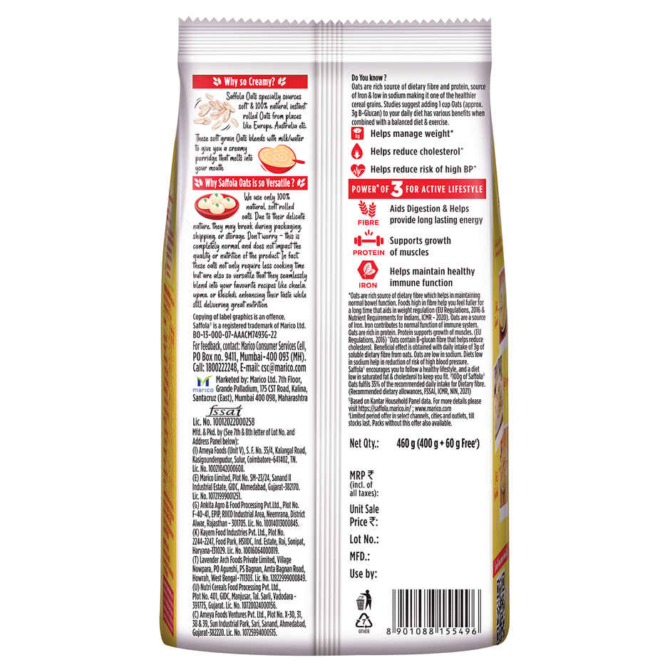 Saffola Oats, Instant Rolled Oats, Soft & Creamy Oats, Power of Protein, Iron & Fibre
