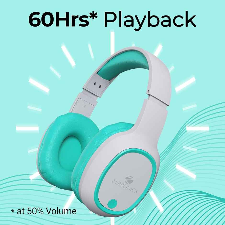 ZEBRONICS Thunder Bluetooth 5.3 Wireless Over Ear Headphones with 60H Backup, Gaming Mode, Dual Pairing, Enc, Aux, Micro Sd, Voice Assistant, Comfortable Earcups, Call Function - Sea Green