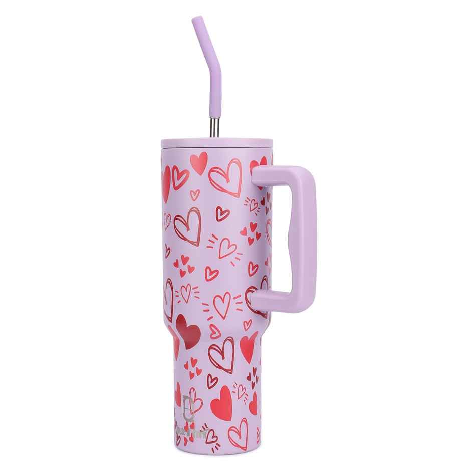 House of Quirk Stainless Steel Tumbler with Handle & Lid | 2 Straws Use | Mauve Heart - 1200 ml