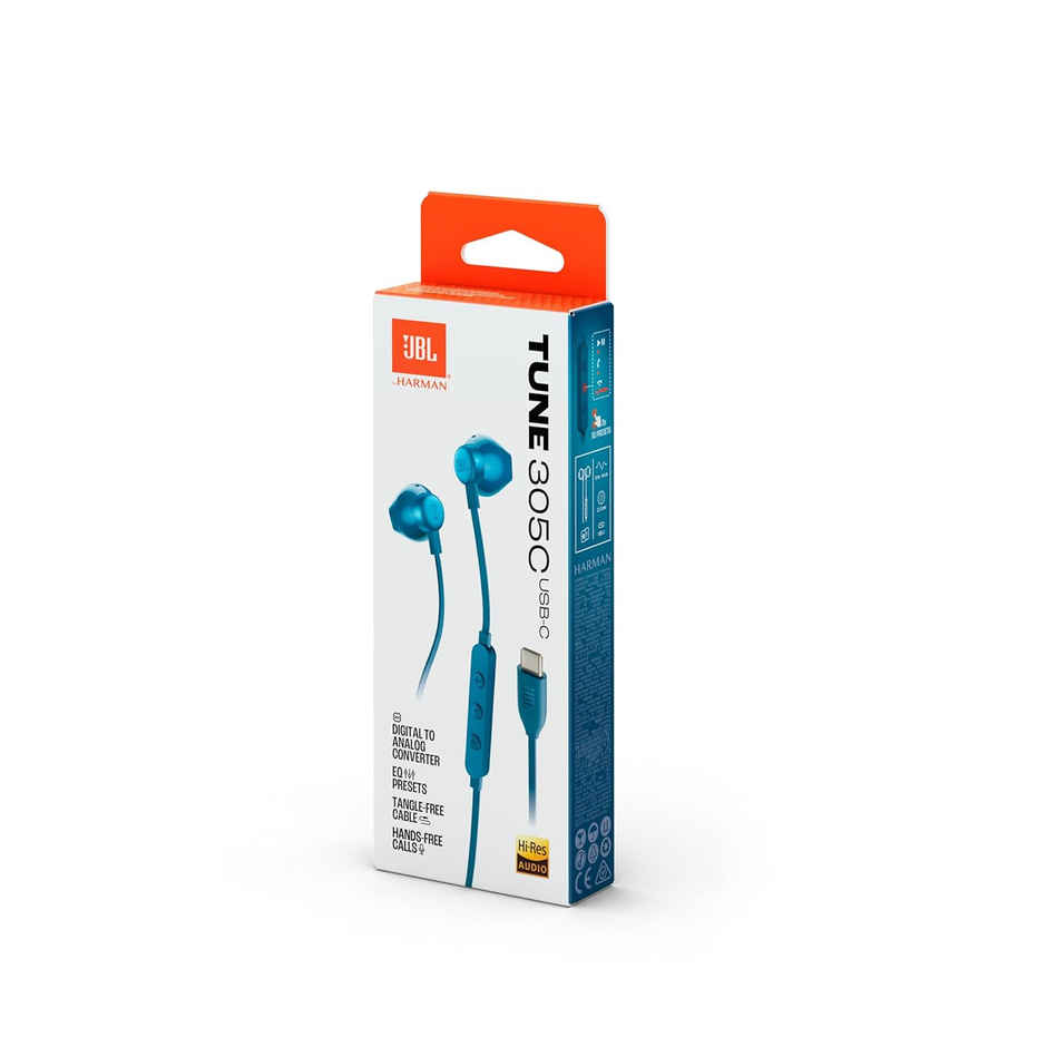 JBL Tune 305 Wired In-Ear Type C Headphones, Hi-Res Audio With Digital-To-Analog Converter (Blue)