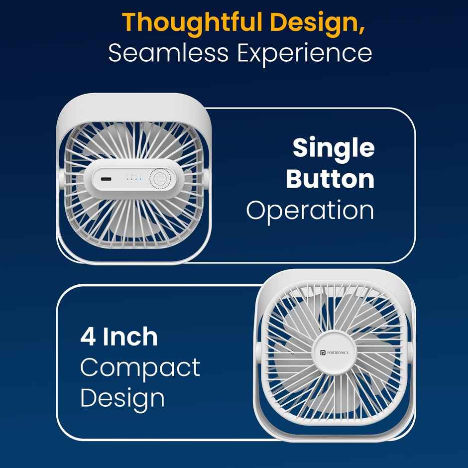 Portronics CoolCube Mini 2-in-1 Desktop & Wall Fan with 2000 mAh Battery | Type-C Charging | White