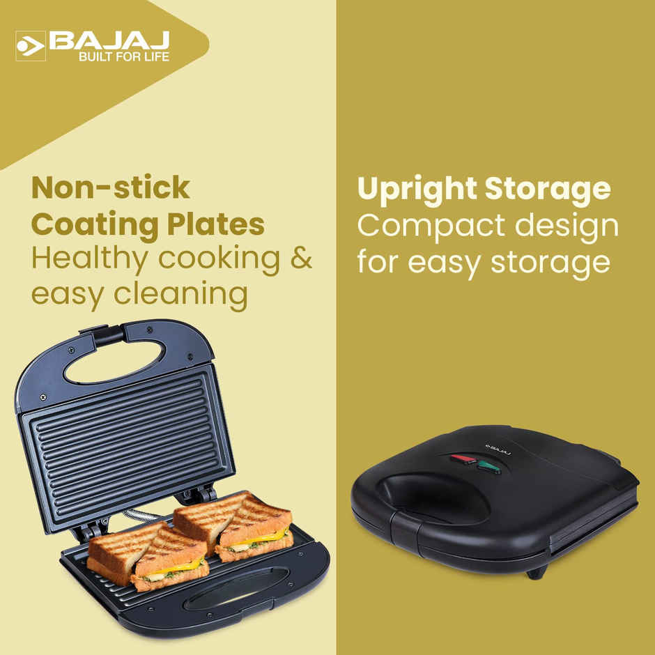 Bajaj New SWX 400 2-Slice Sandwich Grill Toaster, 800W, Non-Stick Coating Plates, Buckle Clip Handle - Black