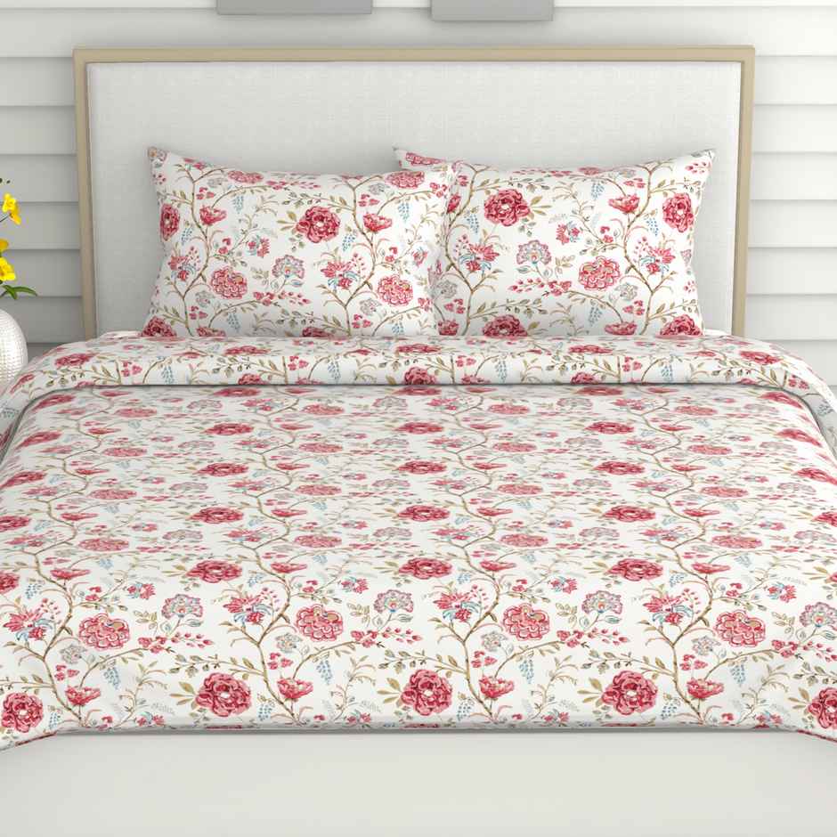 Haus & Kinder Modern Heritage King 100% Cotton Floral Bedsheet | Pink & White | 108 x 108 in