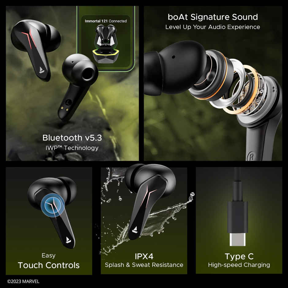 boAt Immortal 121 TWS Earbuds for Gaming w/ 40H Playtime, BEAST Mode & RGB LEDs (Green Fury)