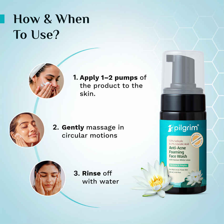 Pilgrim 1.5% Salicylic BHA & 2% Glycolic Acid AHA Foaming Face Wash for Oily & Acne Prone Skin, Unisex