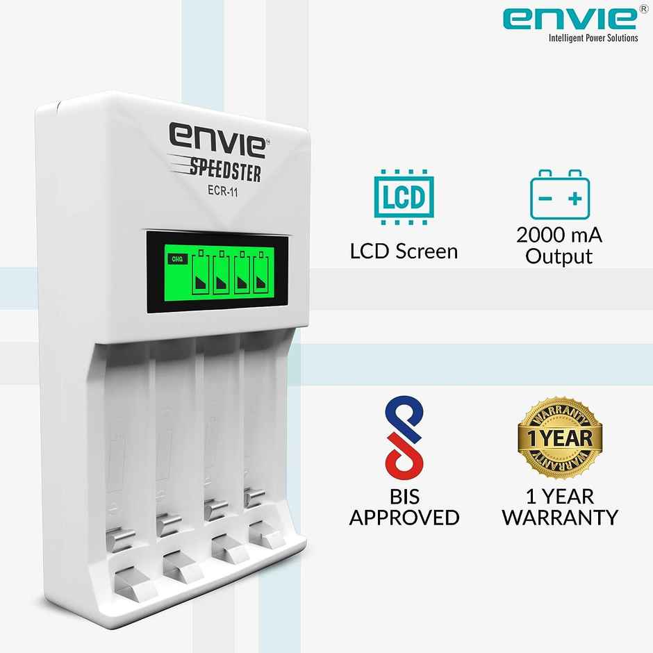 Envie (ECR-011) Speedster Fast Charger for AA & AAA Rechargeable Batteries with LCD Display Indicator & Auto Cut Charging - Charges 4 Batteries at a Time