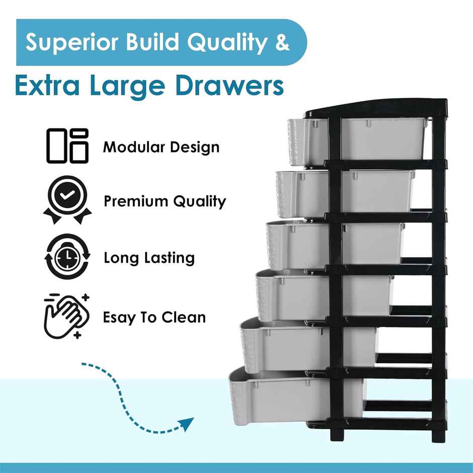 Kuber Industries Modular 6-Layer & 63 L Plastic Drawer Storage Organiser | Black & Grey