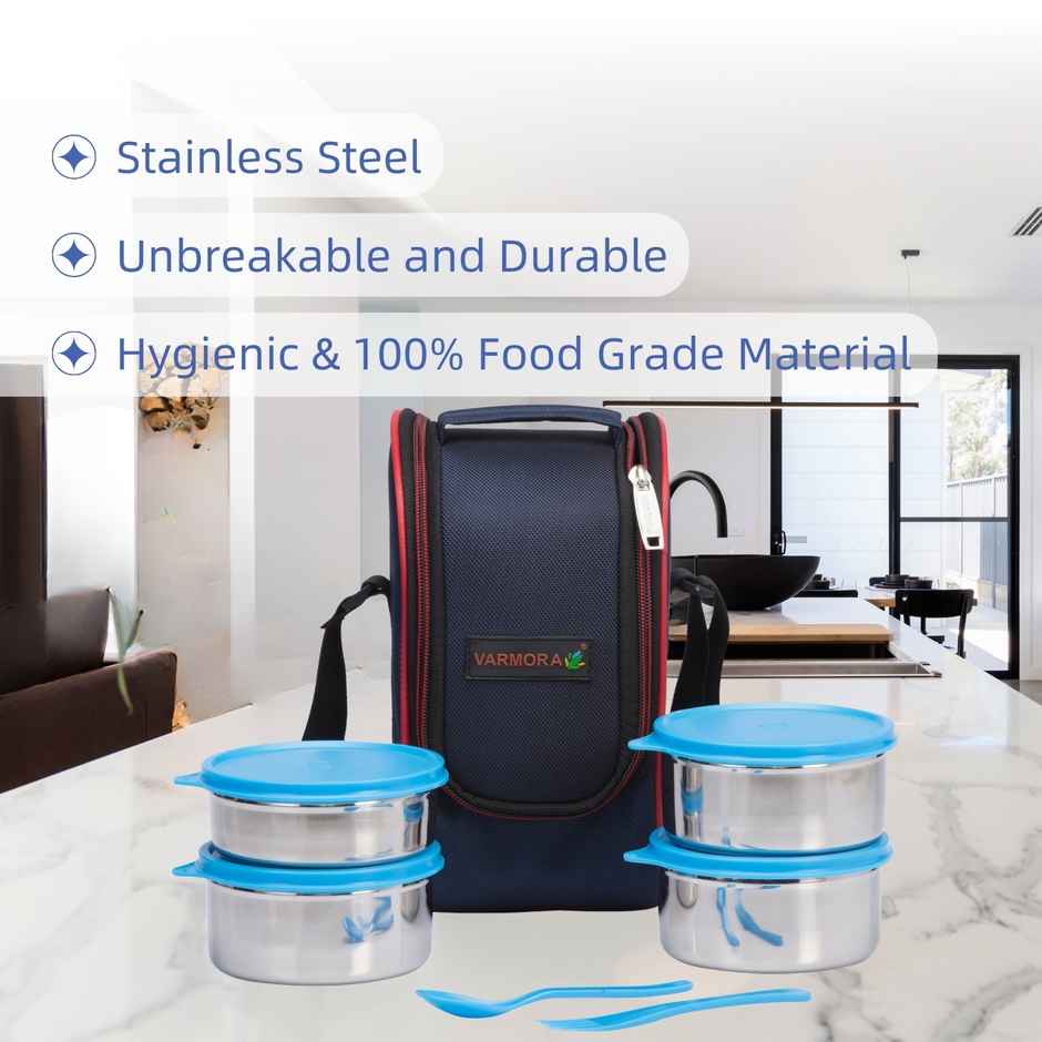 Varmora SS Mini Xclusive Lunch Box with Bag - Blue- 4 Storage Containers with Spoon and Fork