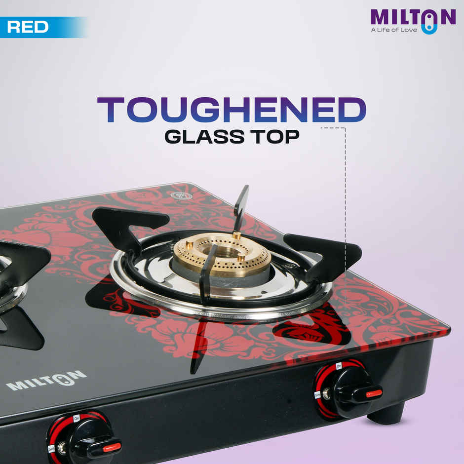Milton Premium Red Manual Ignition Glass Top Gas Stove | ISI Certified | 3 Burner