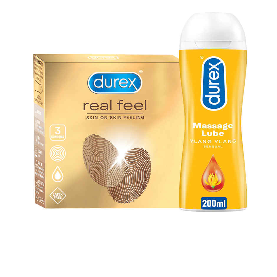 Durex Real Feel Condoms For Men For Real Skin On Skin Feeling Latex Free (3pc) & Durex Lube- Sensual- Water Based Lubricant (200ml) Combo