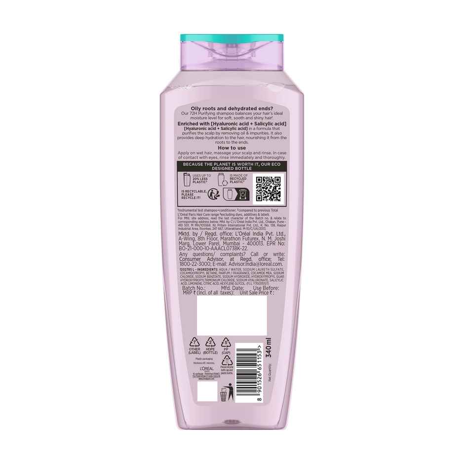 L'Oreal Paris Hyaluron Pure 72H Purifying Shampoo For Fresh Scalp & Hydrated Hair