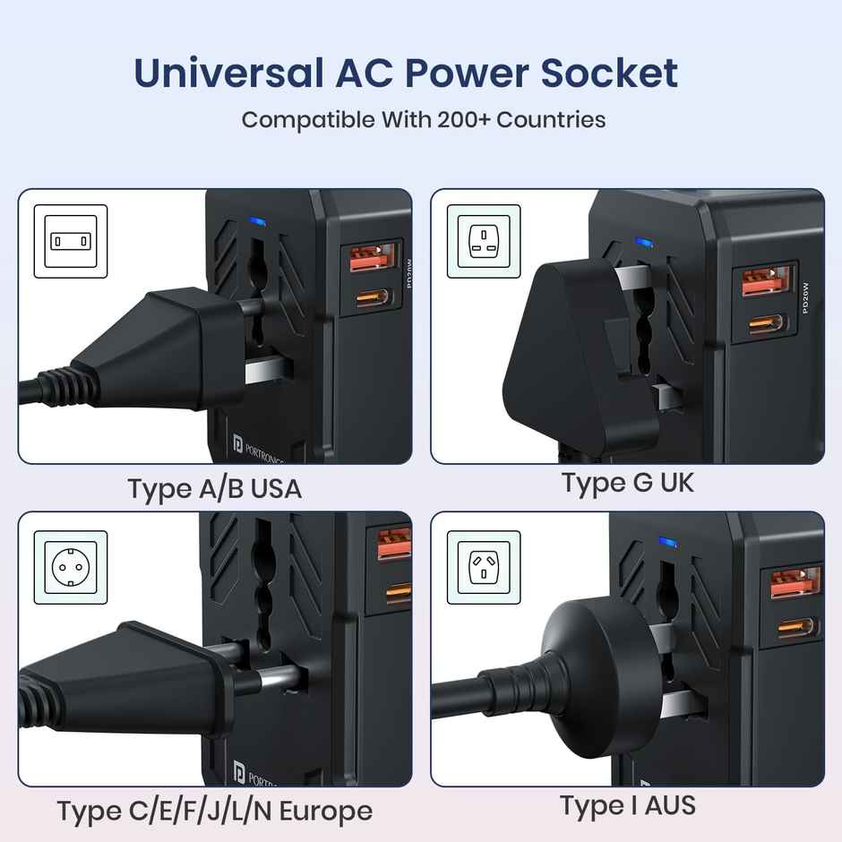 Portronics Juicemate 4 Universal Travel Adapter with 20W Type-C PD & 18W USB-A Output | Black