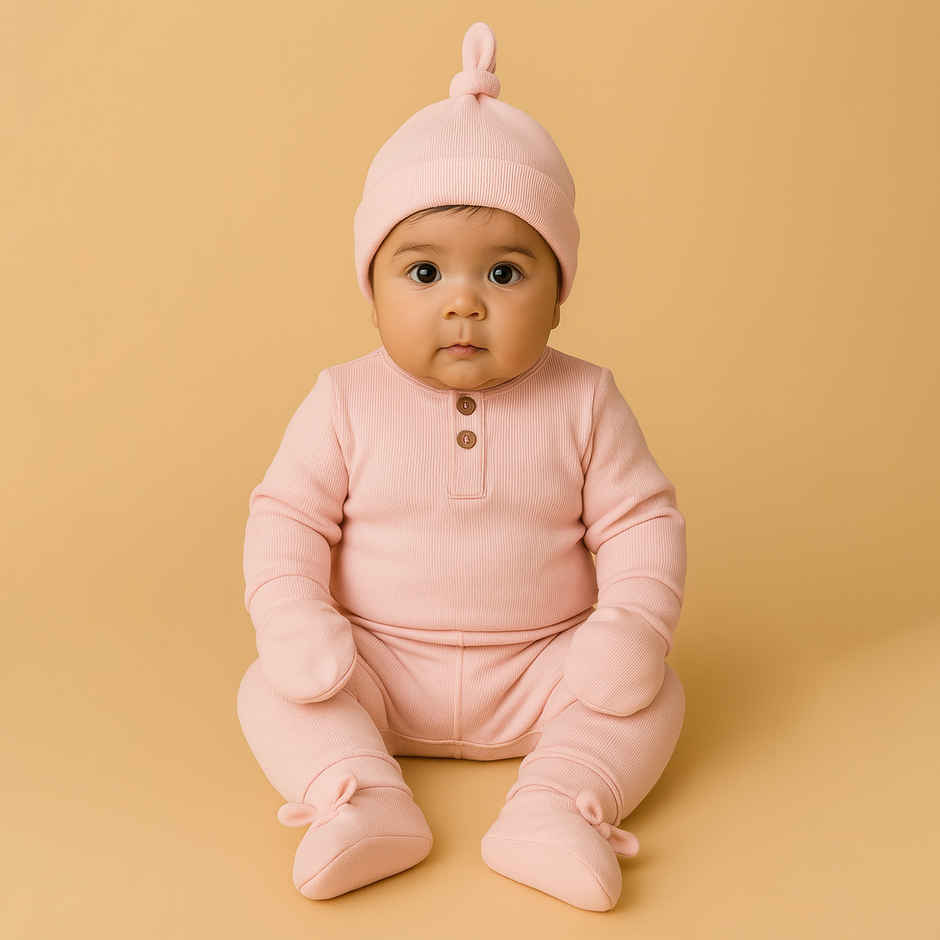 Moms Home Organic Cotton Baby Essentials Clothing Set |Gift Combo 0-3 Months | 5 Items | Pearl Pink